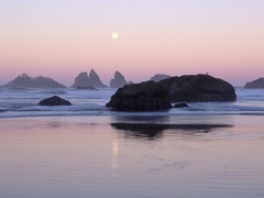 Moonset and Kittens  Sea Stacks  Bandon  Oregon 